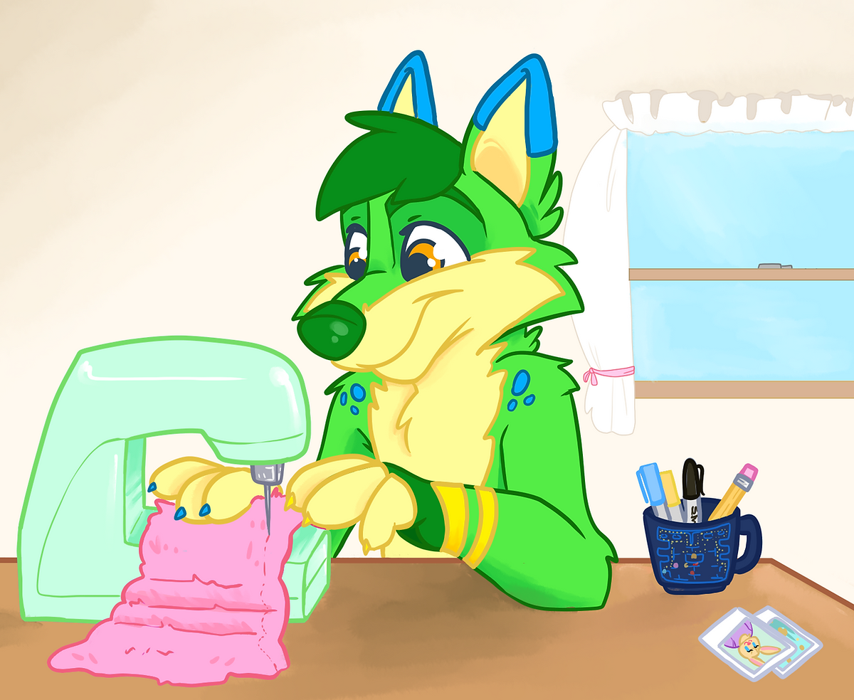 Figby using a sewing machine